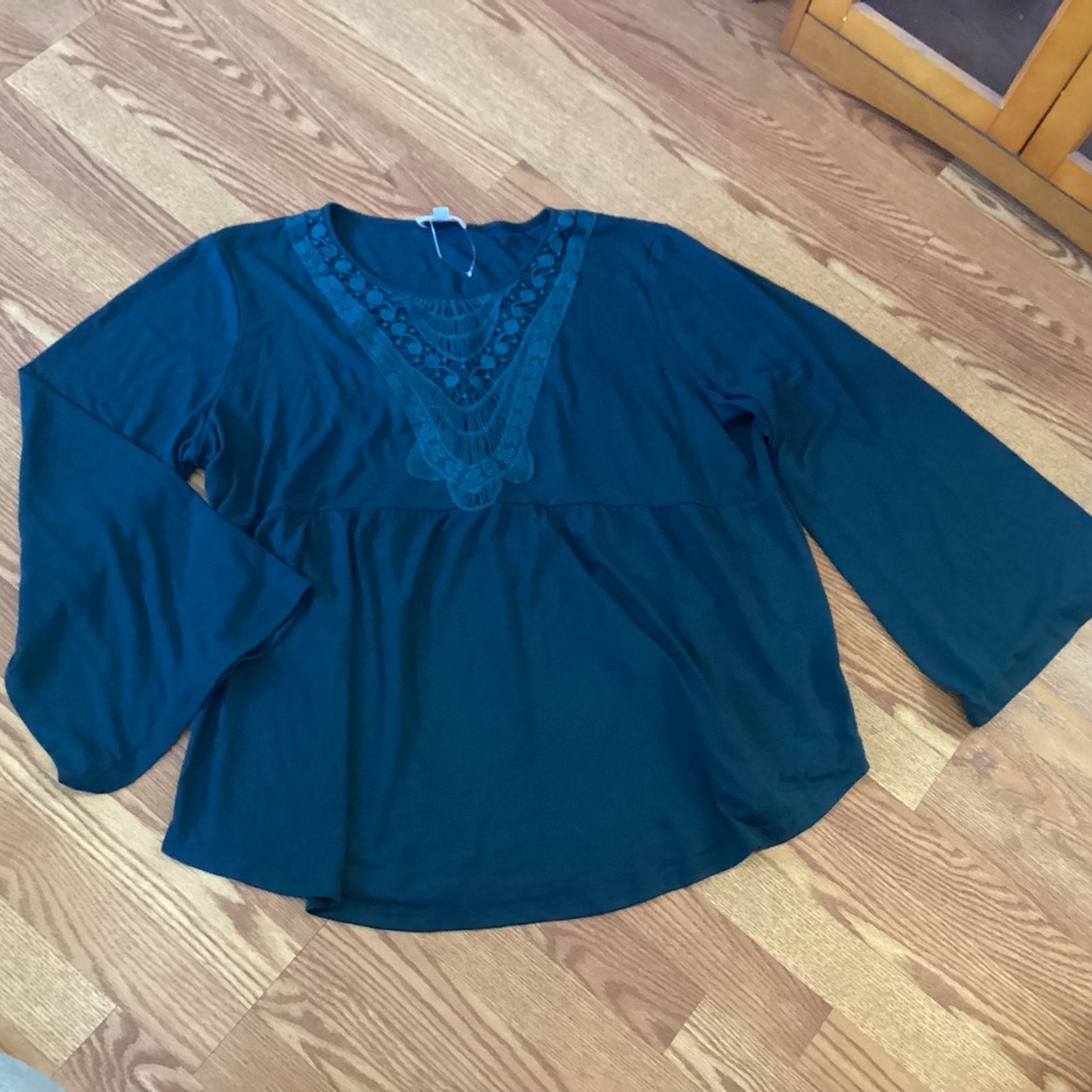Suzanne Betro Weekend Dark Teal Crochet Trim Bell Sleeve Baby Doll Knit Top 4X